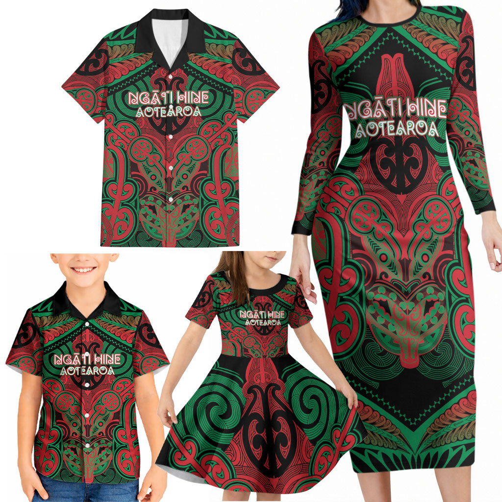 Aotearoa Iwi Ngati Hine Personalised Family Matching Long Sleeve Bodycon Dress and Hawaiian Shirt Maori Kowhaiwhai Pattern