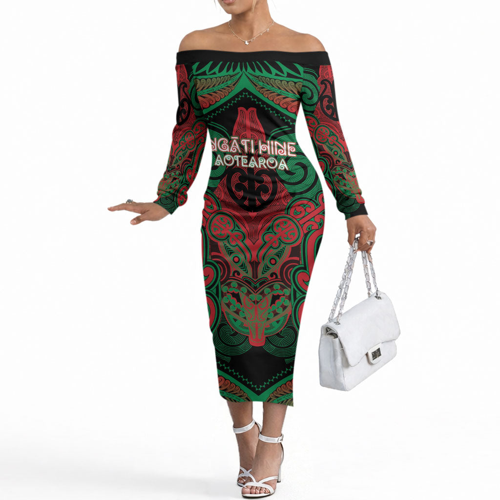 Aotearoa Iwi Ngati Hine Personalised Off The Shoulder Long Sleeve Dress Maori Kowhaiwhai Pattern