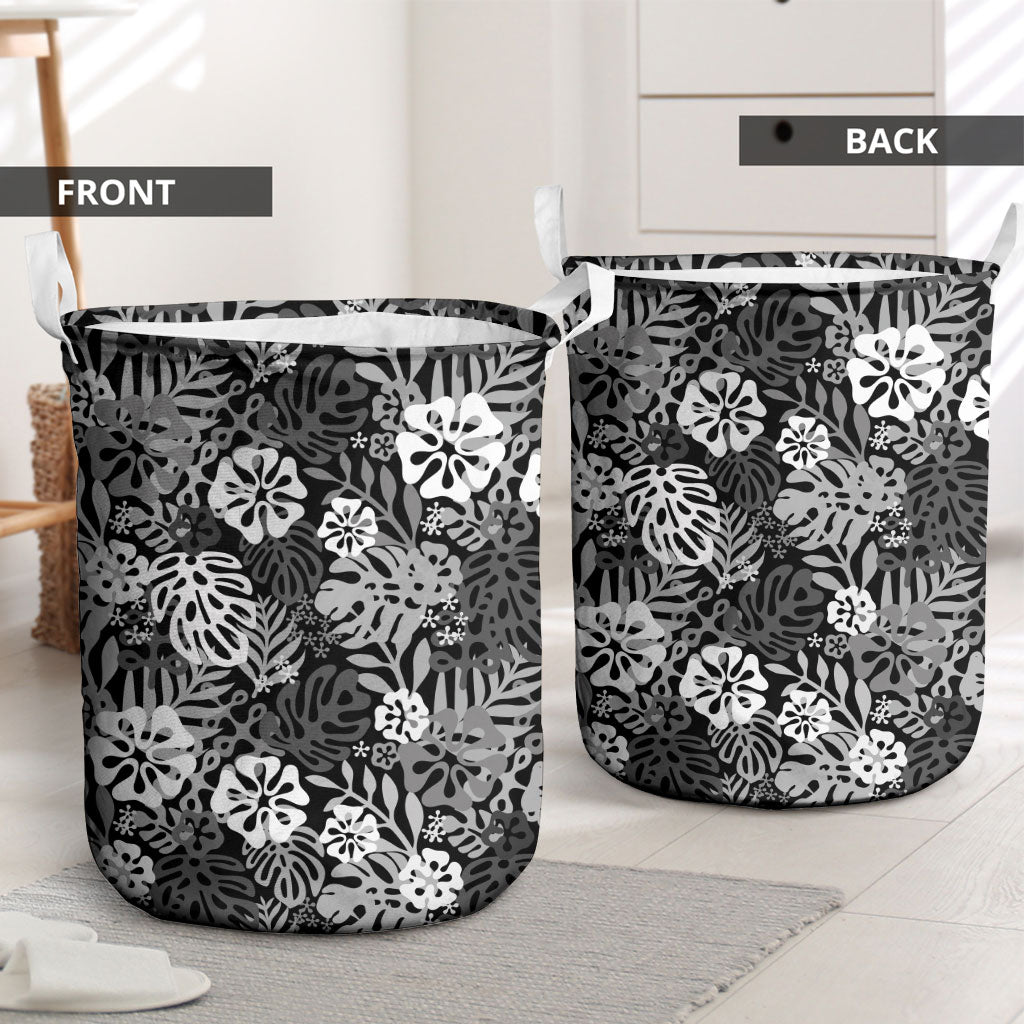 Black Aloha Hawaiian Laundry Basket Monstera Hibiscus Tropical Pattern