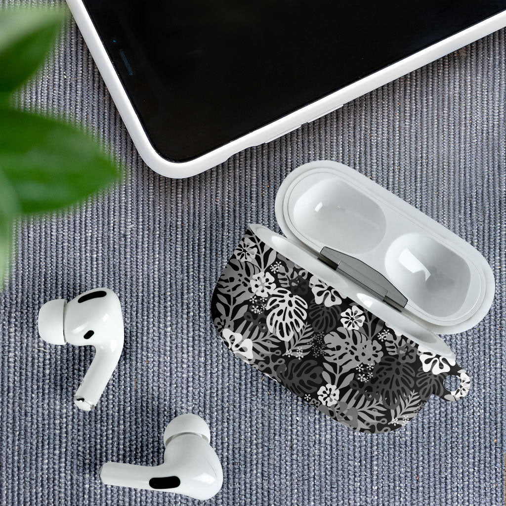 Black Aloha Hawaiian AirPods Case Monstera Hibiscus Tropical Pattern