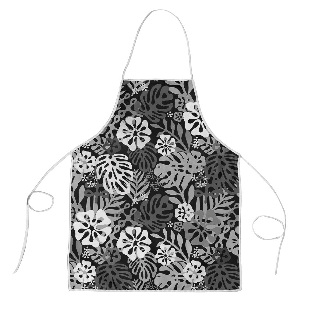 Black Aloha Hawaiian Apron Monstera Hibiscus Tropical Pattern