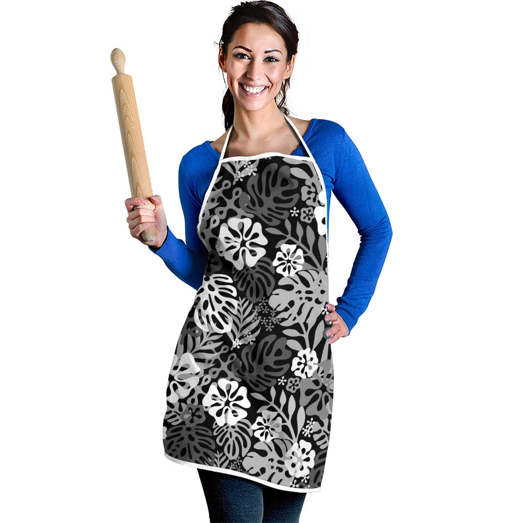 Black Aloha Hawaiian Apron Monstera Hibiscus Tropical Pattern