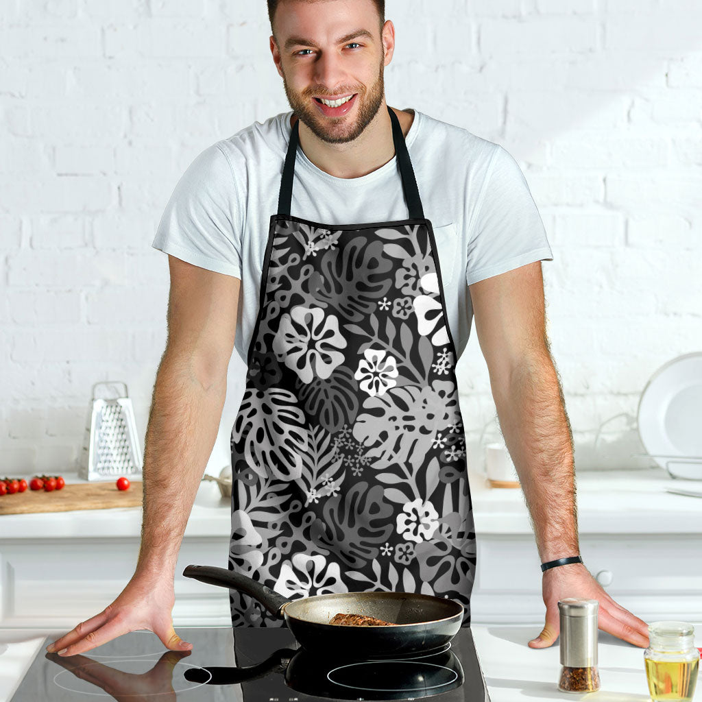 Black Aloha Hawaiian Apron Monstera Hibiscus Tropical Pattern