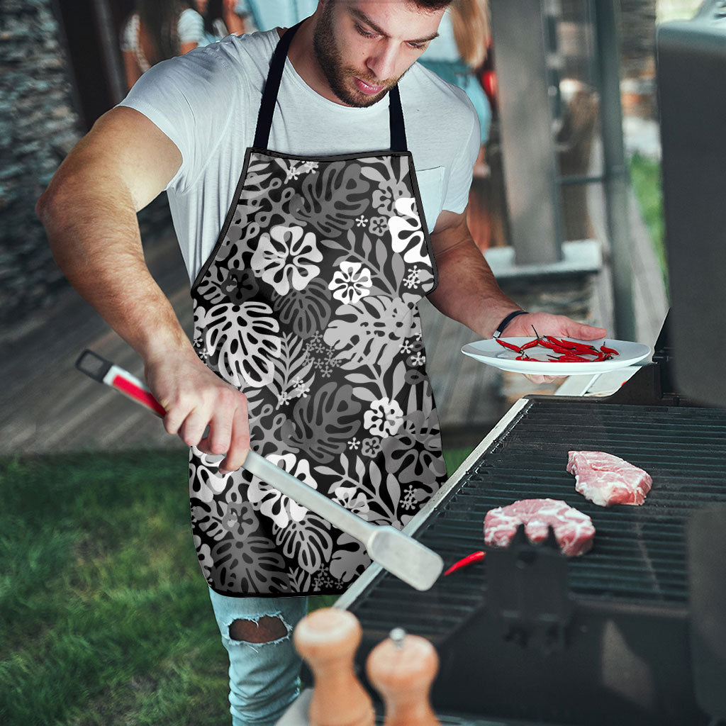 Black Aloha Hawaiian Apron Monstera Hibiscus Tropical Pattern
