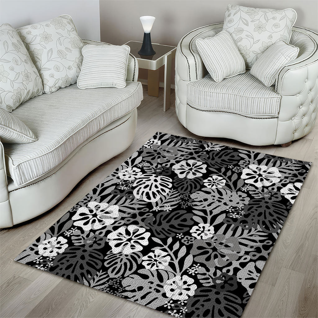 Black Aloha Hawaiian Area Rug Monstera Hibiscus Tropical Pattern