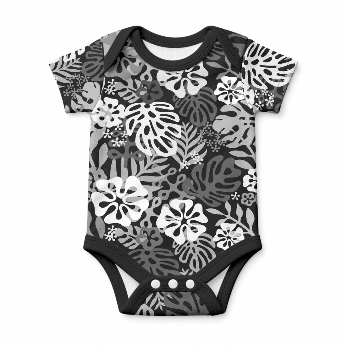 Black Aloha Hawaiian Baby Onesie Monstera Hibiscus Tropical Pattern