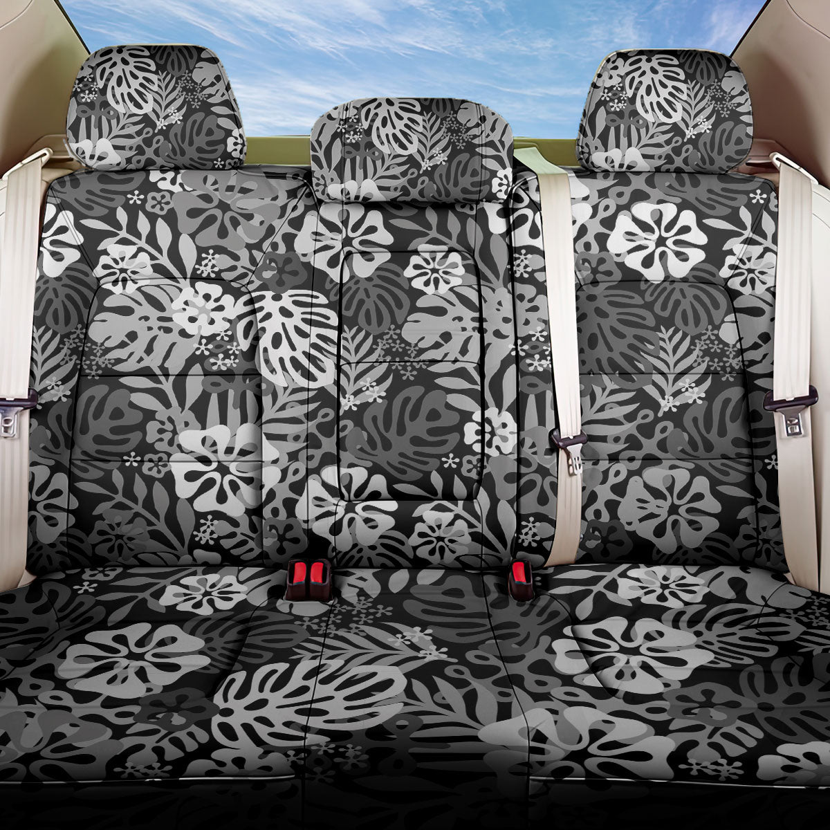 Black Aloha Hawaiian Back Car Seat Cover Monstera Hibiscus Tropical Pattern