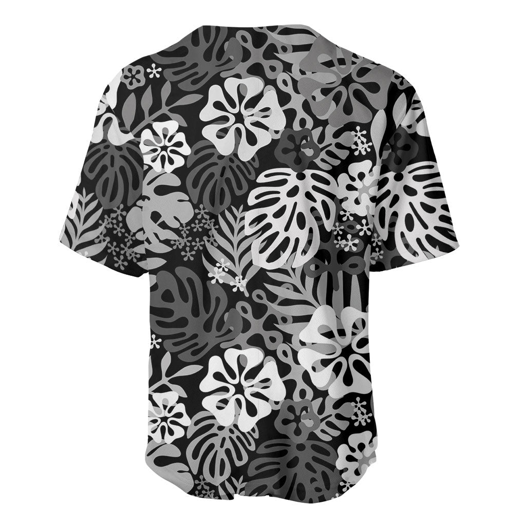 Black Aloha Hawaiian Baseball Jersey Monstera Hibiscus Tropical Pattern