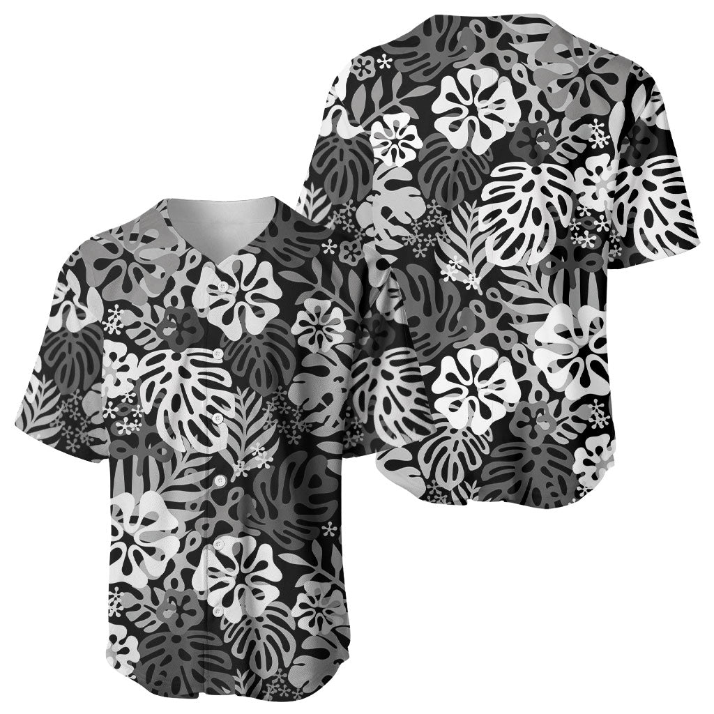 Black Aloha Hawaiian Baseball Jersey Monstera Hibiscus Tropical Pattern
