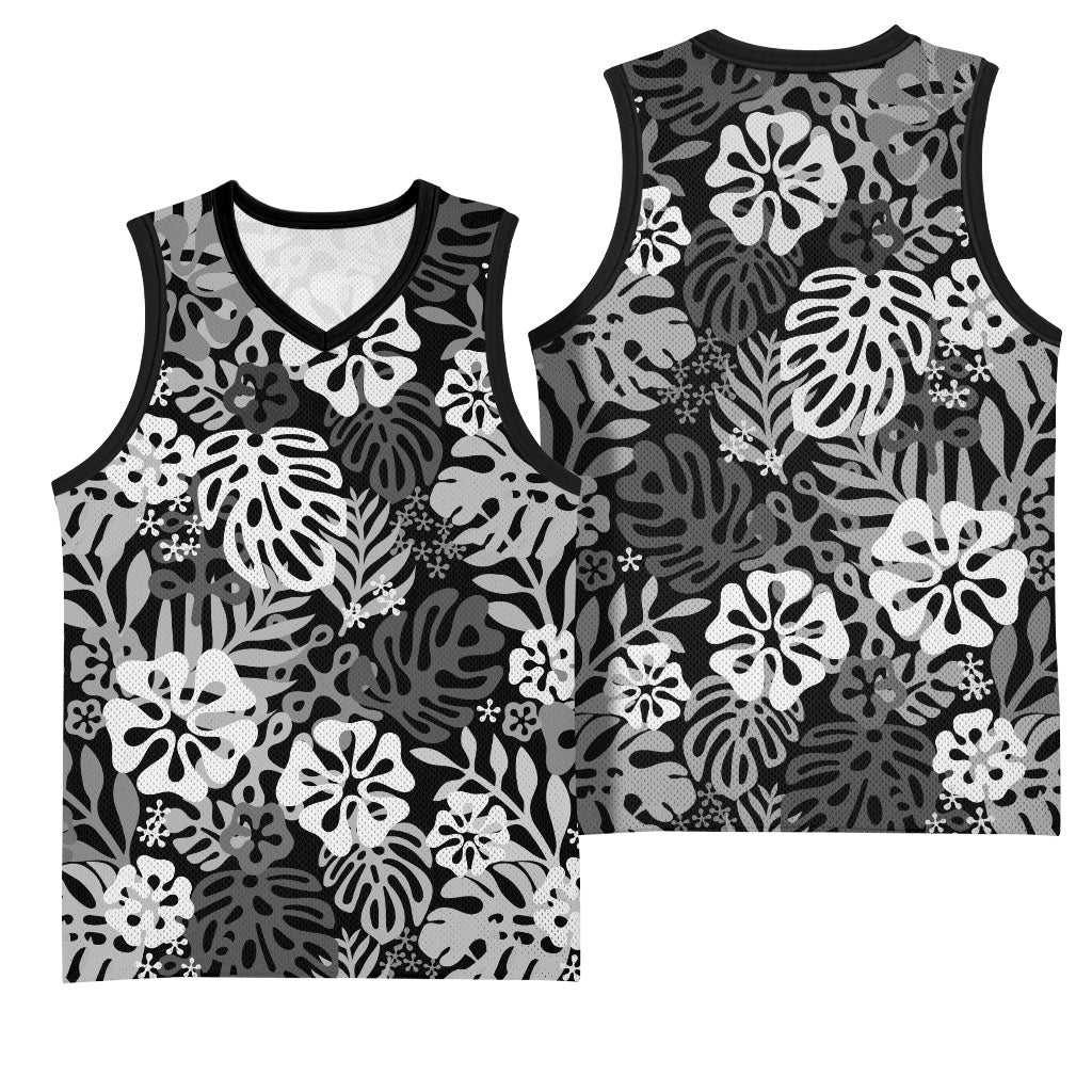 Black Aloha Hawaiian Basketball Jersey Monstera Hibiscus Tropical Pattern