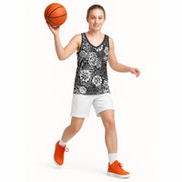 Black Aloha Hawaiian Basketball Jersey Monstera Hibiscus Tropical Pattern