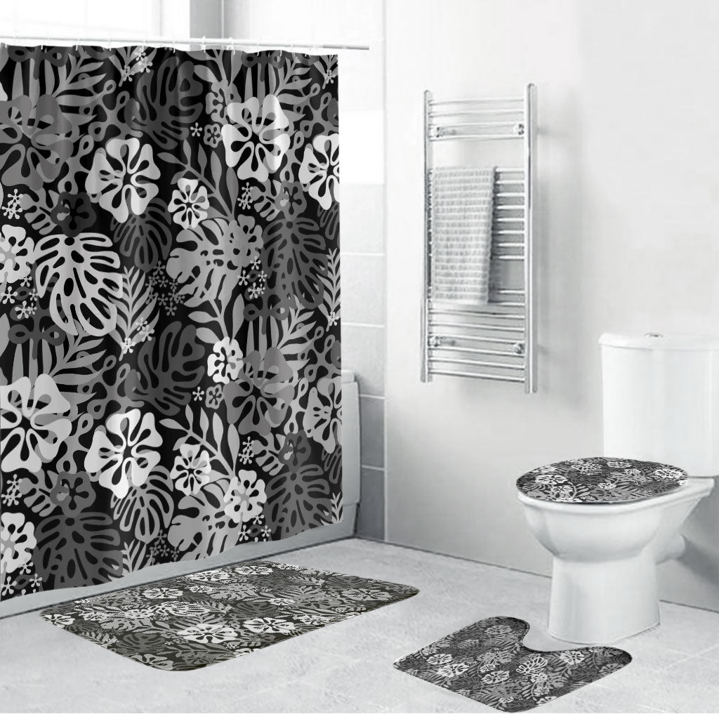 Black Aloha Hawaiian Bathroom Set Monstera Hibiscus Tropical Pattern