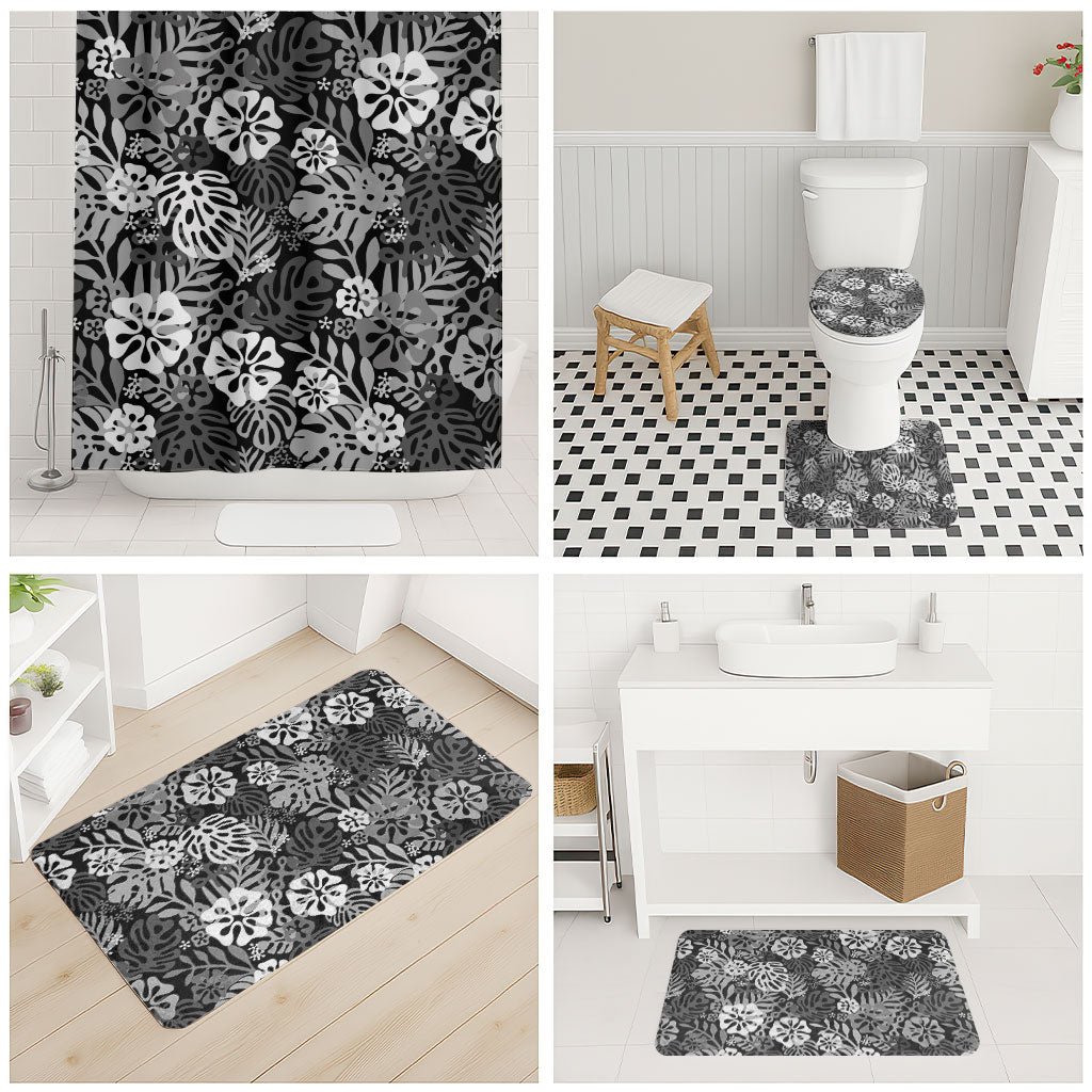 Black Aloha Hawaiian Bathroom Set Monstera Hibiscus Tropical Pattern