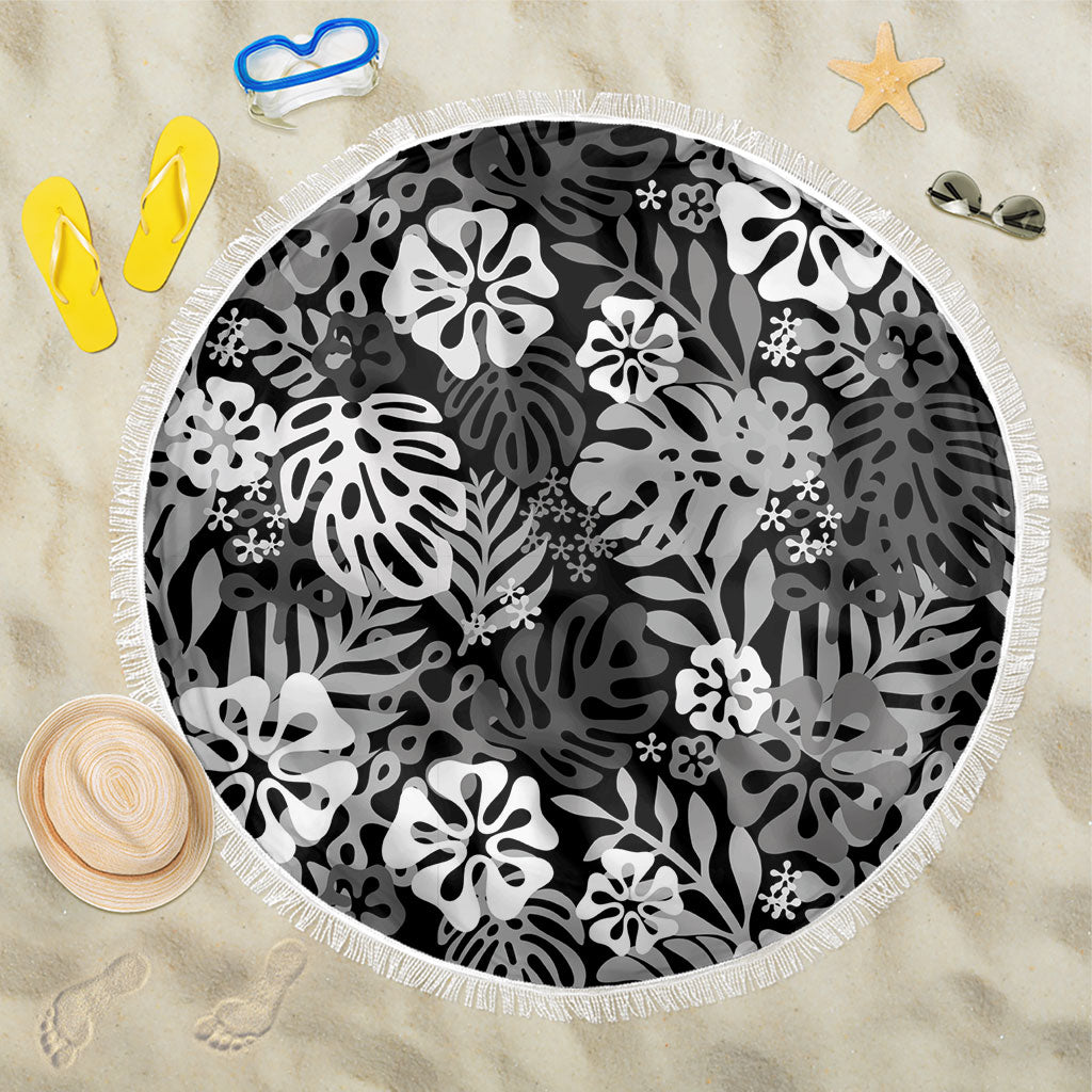 Black Aloha Hawaiian Beach Blanket Monstera Hibiscus Tropical Pattern