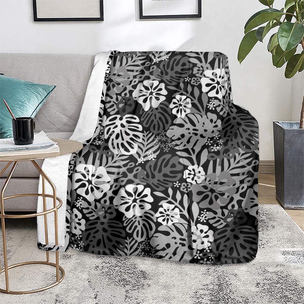 Black Aloha Hawaiian Blanket Monstera Hibiscus Tropical Pattern