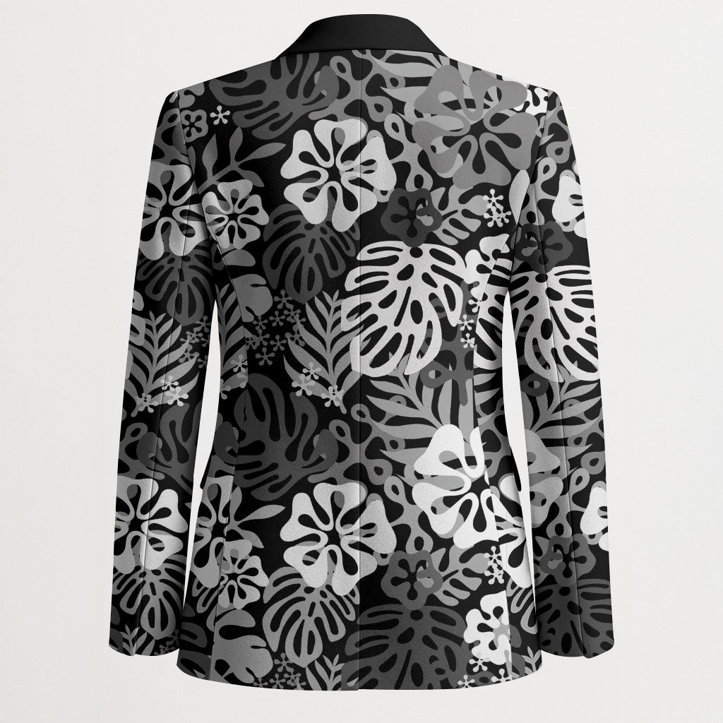Black Aloha Hawaiian Blazer Monstera Hibiscus Tropical Pattern