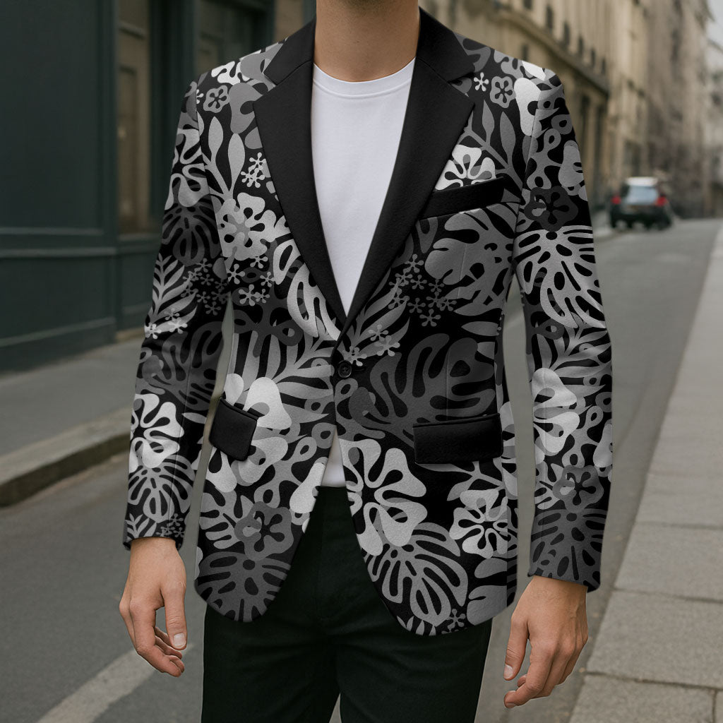 Black Aloha Hawaiian Blazer Monstera Hibiscus Tropical Pattern