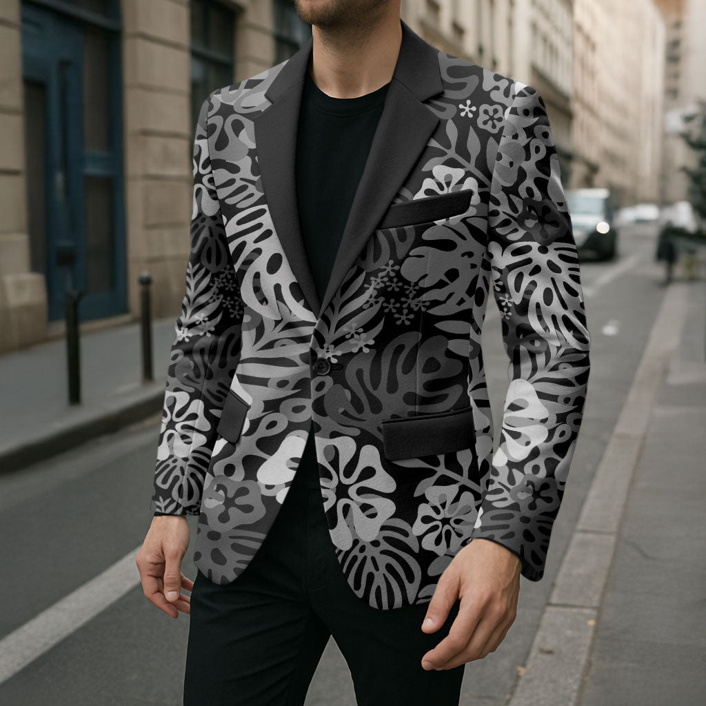 Black Aloha Hawaiian Blazer Monstera Hibiscus Tropical Pattern