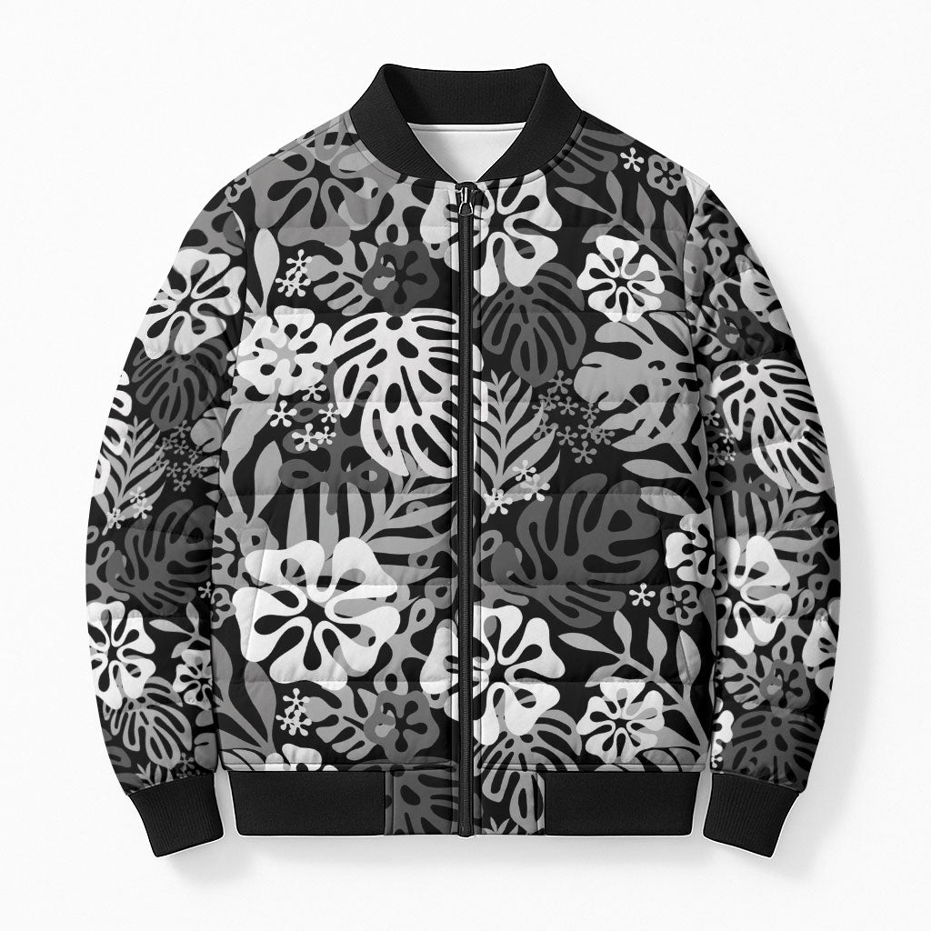 Black Aloha Hawaiian Bomber Puffer Jacket Monstera Hibiscus Tropical Pattern