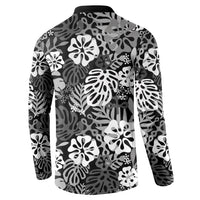 Black Aloha Hawaiian Button Sweatshirt Monstera Hibiscus Tropical Pattern