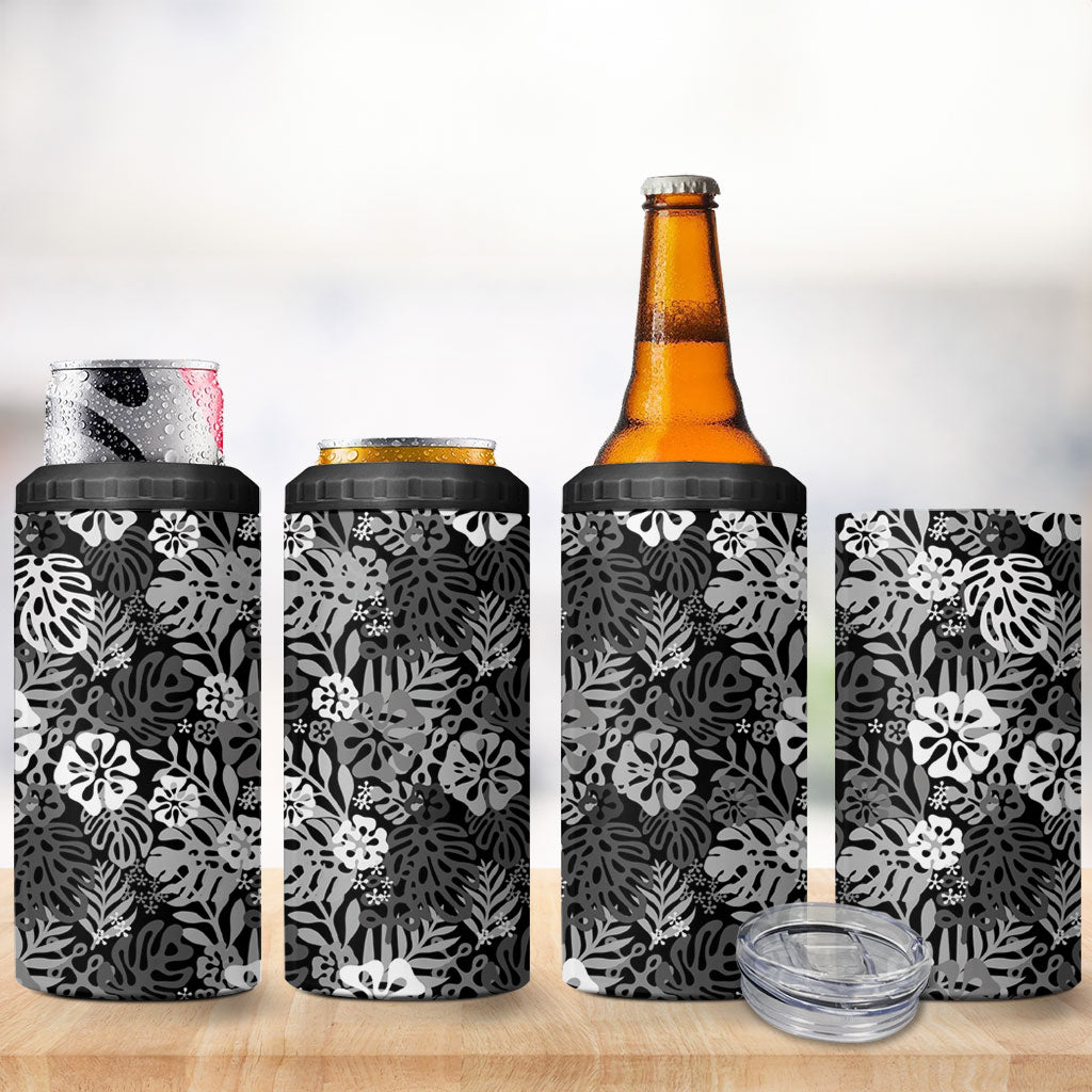 Black Aloha Hawaiian 4 in 1 Can Cooler Tumbler Monstera Hibiscus Tropical Pattern