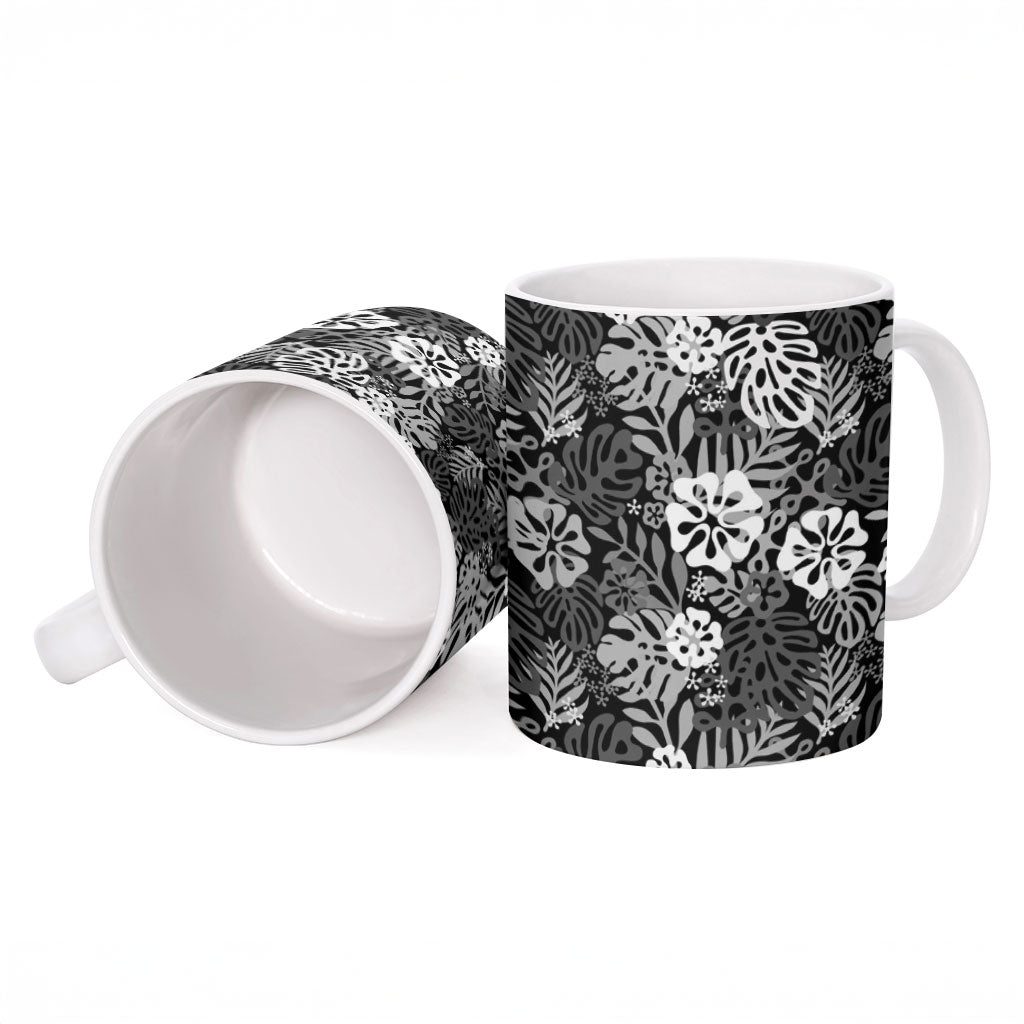 Black Aloha Hawaiian Ceramic Mug Monstera Hibiscus Tropical Pattern