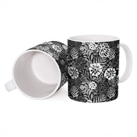 Black Aloha Hawaiian Ceramic Mug Monstera Hibiscus Tropical Pattern