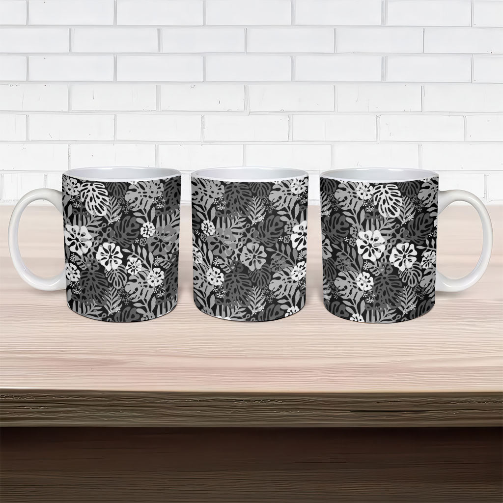 Black Aloha Hawaiian Ceramic Mug Monstera Hibiscus Tropical Pattern