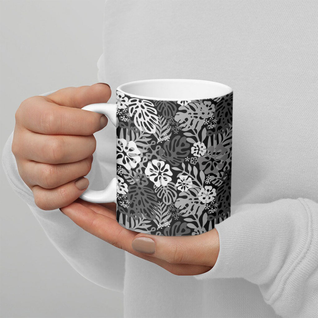 Black Aloha Hawaiian Ceramic Mug Monstera Hibiscus Tropical Pattern