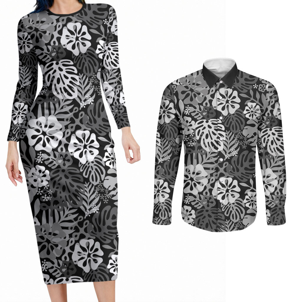 Black Aloha Hawaiian Couples Matching Long Sleeve Bodycon Dress and Long Sleeve Button Shirt Monstera Hibiscus Tropical Pattern