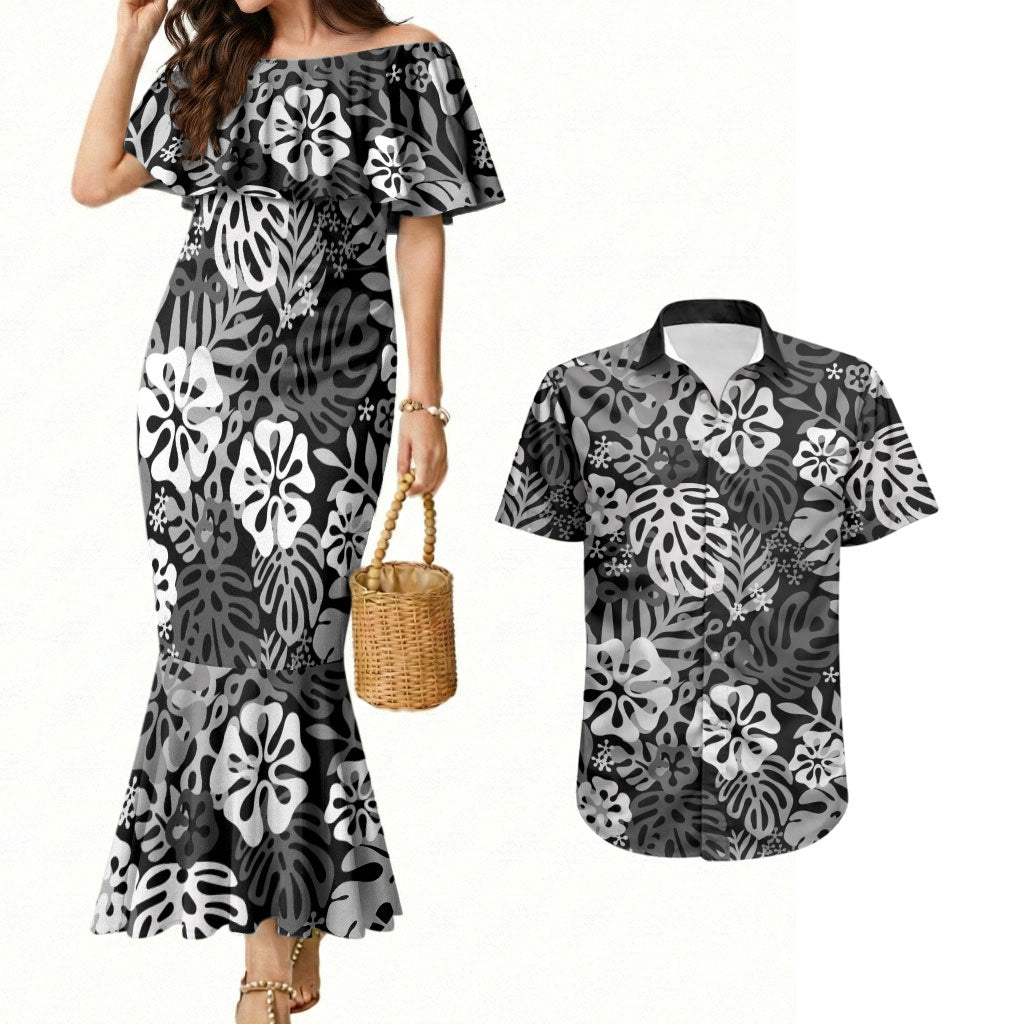 Black Aloha Hawaiian Couples Matching Mermaid Dress and Hawaiian Shirt Monstera Hibiscus Tropical Pattern