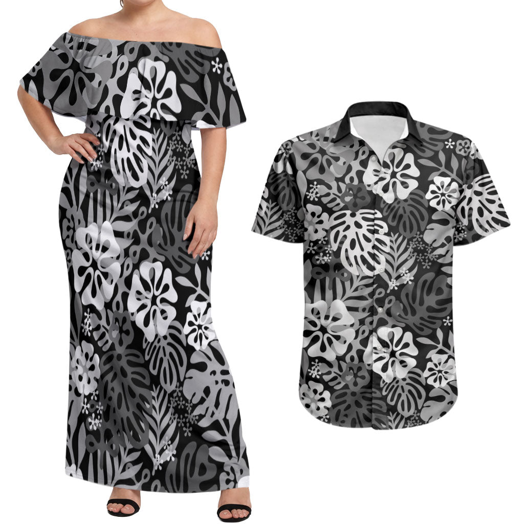 Black Aloha Hawaiian Couples Matching Off Shoulder Maxi Dress and Hawaiian Shirt Monstera Hibiscus Tropical Pattern