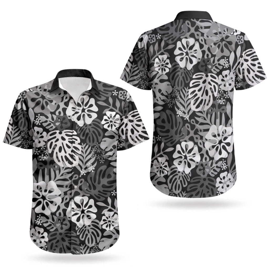 Black Aloha Hawaiian Couples Matching Off Shoulder Maxi Dress and Hawaiian Shirt Monstera Hibiscus Tropical Pattern