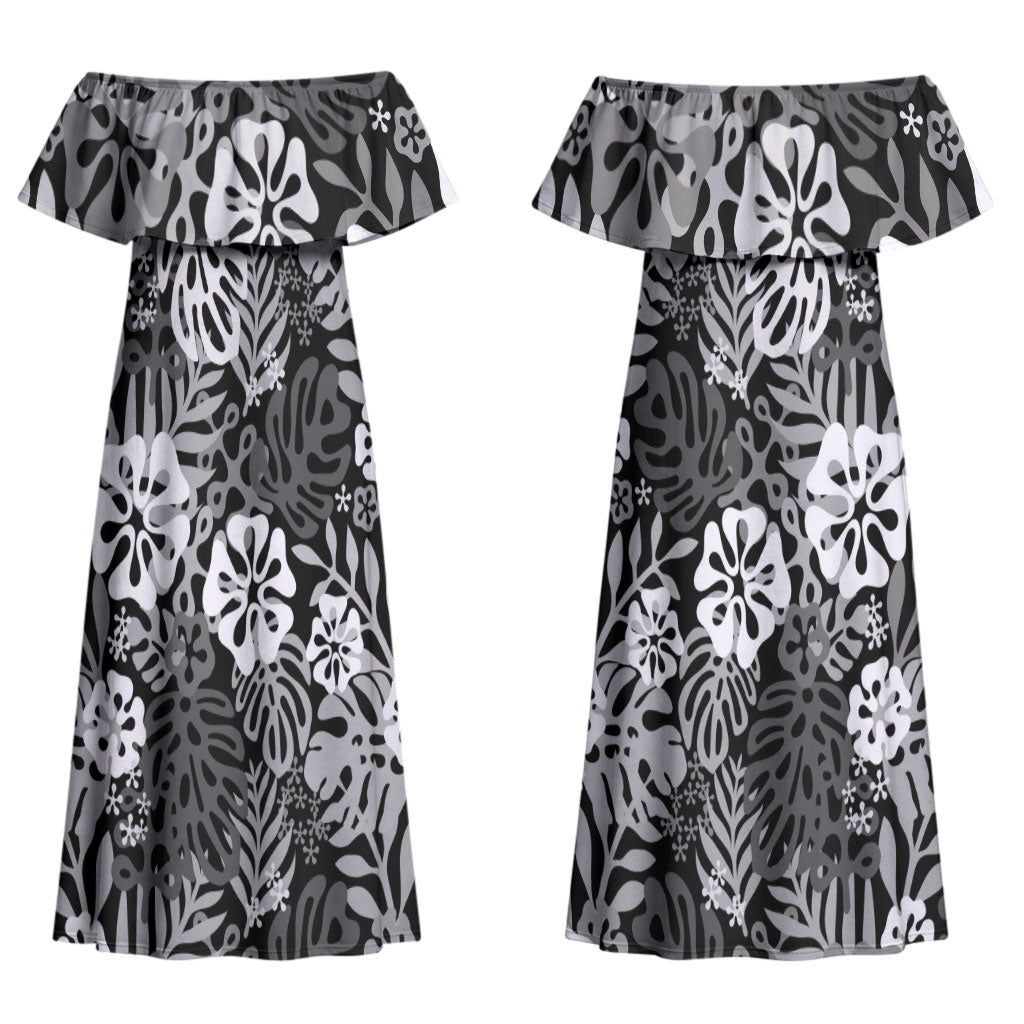 Black Aloha Hawaiian Couples Matching Off Shoulder Maxi Dress and Hawaiian Shirt Monstera Hibiscus Tropical Pattern