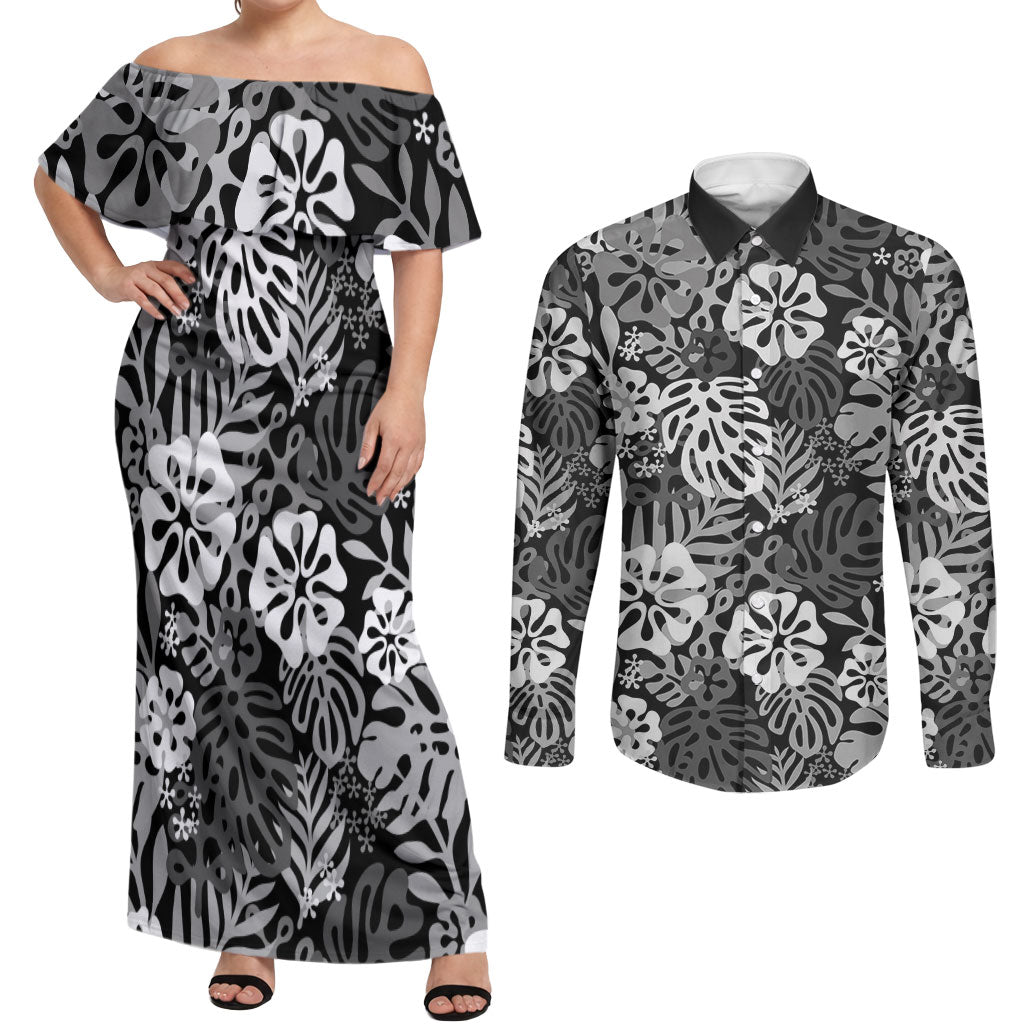 Black Aloha Hawaiian Couples Matching Off Shoulder Maxi Dress and Long Sleeve Button Shirt Monstera Hibiscus Tropical Pattern