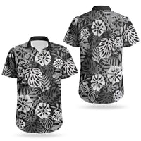 Black Aloha Hawaiian Couples Matching Off Shoulder Short Dress and Hawaiian Shirt Monstera Hibiscus Tropical Pattern