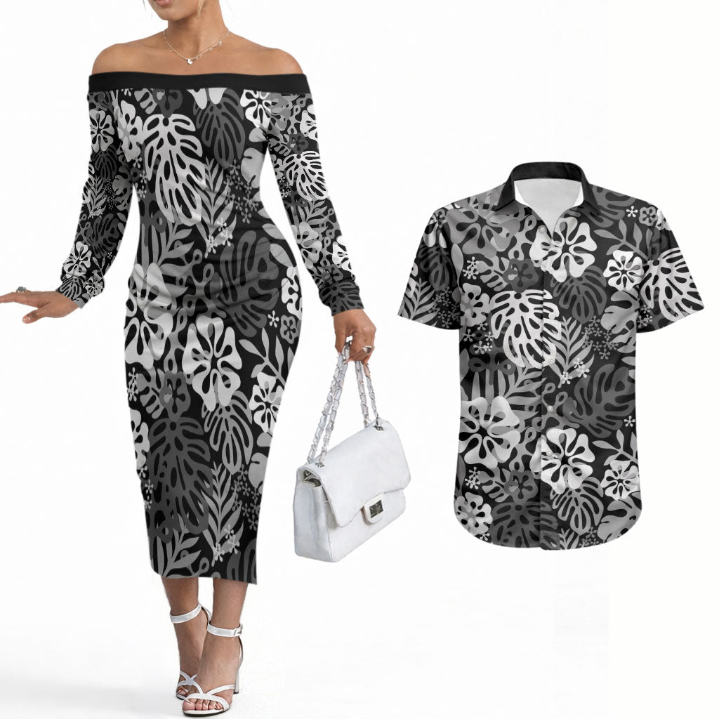 Black Aloha Hawaiian Couples Matching Off The Shoulder Long Sleeve Dress and Hawaiian Shirt Monstera Hibiscus Tropical Pattern