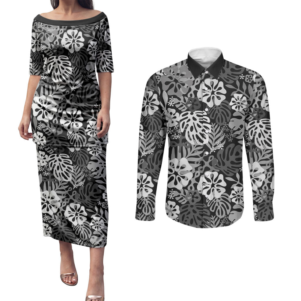 Black Aloha Hawaiian Couples Matching Puletasi and Long Sleeve Button Shirt Monstera Hibiscus Tropical Pattern