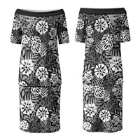 Black Aloha Hawaiian Couples Matching Puletasi and Long Sleeve Button Shirt Monstera Hibiscus Tropical Pattern