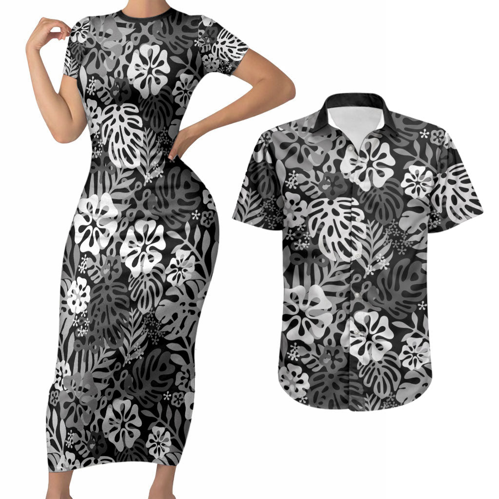 Black Aloha Hawaiian Couples Matching Short Sleeve Bodycon Dress and Hawaiian Shirt Monstera Hibiscus Tropical Pattern