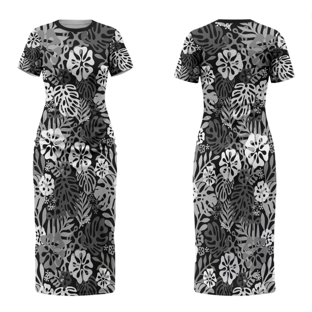 Black Aloha Hawaiian Couples Matching Short Sleeve Bodycon Dress and Long Sleeve Button Shirt Monstera Hibiscus Tropical Pattern