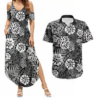 Black Aloha Hawaiian Couples Matching Summer Maxi Dress and Hawaiian Shirt Monstera Hibiscus Tropical Pattern