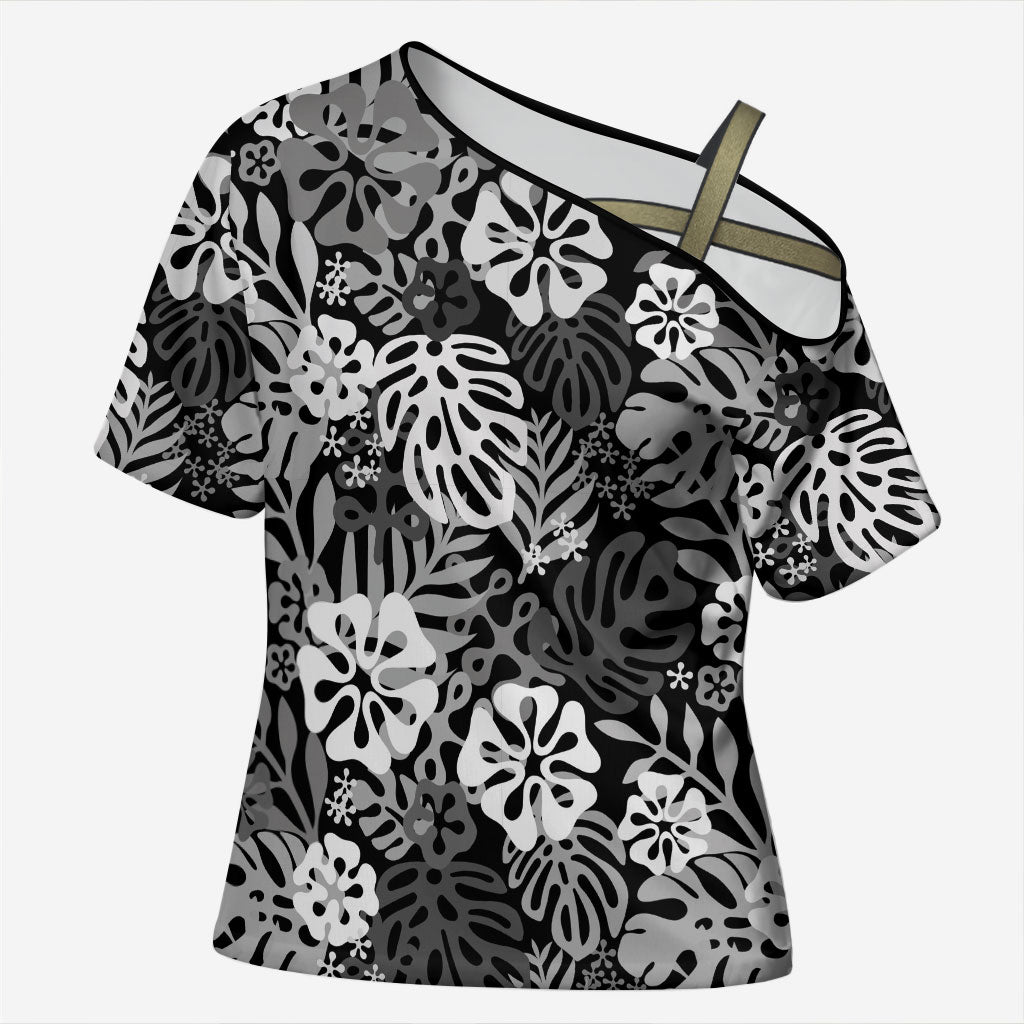 Black Aloha Hawaiian Cross Shoulder Shirt Monstera Hibiscus Tropical Pattern