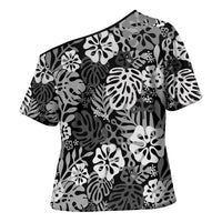 Black Aloha Hawaiian Cross Shoulder Shirt Monstera Hibiscus Tropical Pattern