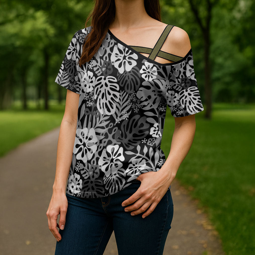 Black Aloha Hawaiian Cross Shoulder Shirt Monstera Hibiscus Tropical Pattern