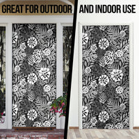 Black Aloha Hawaiian Door Cover Monstera Hibiscus Tropical Pattern