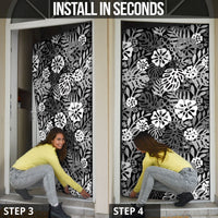 Black Aloha Hawaiian Door Cover Monstera Hibiscus Tropical Pattern