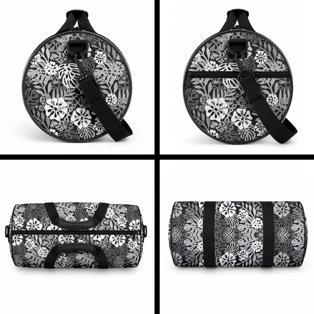 Black Aloha Hawaiian Duffle Bag Monstera Hibiscus Tropical Pattern