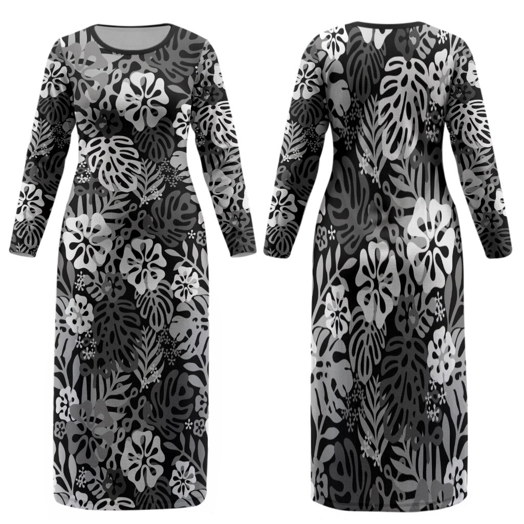 Black Aloha Hawaiian Family Matching Long Sleeve Bodycon Dress and Hawaiian Shirt Monstera Hibiscus Tropical Pattern