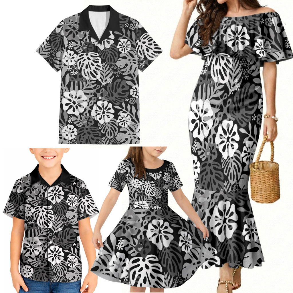 Black Aloha Hawaiian Family Matching Mermaid Dress and Hawaiian Shirt Monstera Hibiscus Tropical Pattern